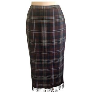 Vintage Nouveaux Brown Plaid Maxi Pencil Skirt w/fringe hem Wool Blend Size 8P